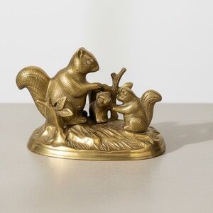 Vintage Solid Brass Squirrel Family Figurine - Made in Korea